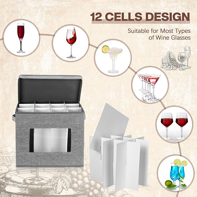 Uiifan 4 Pcs Champagne Flute Storage Box with Dividers 12 Compartment Stemware Storage Cases China Container Box with Lid, Handles, PVC Window for Moving, Gray