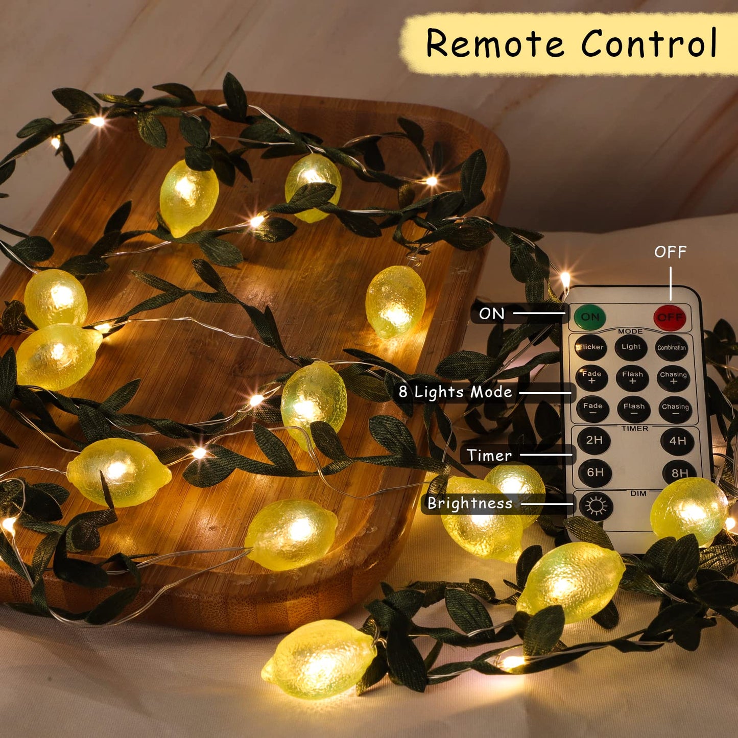FLAVCHARM 3D Lemon LED String Lights, 10FT, 40 LEDs, USB/Battery Operated, Remote Timer, Fairy Lights for Bedroom and Party Decorations