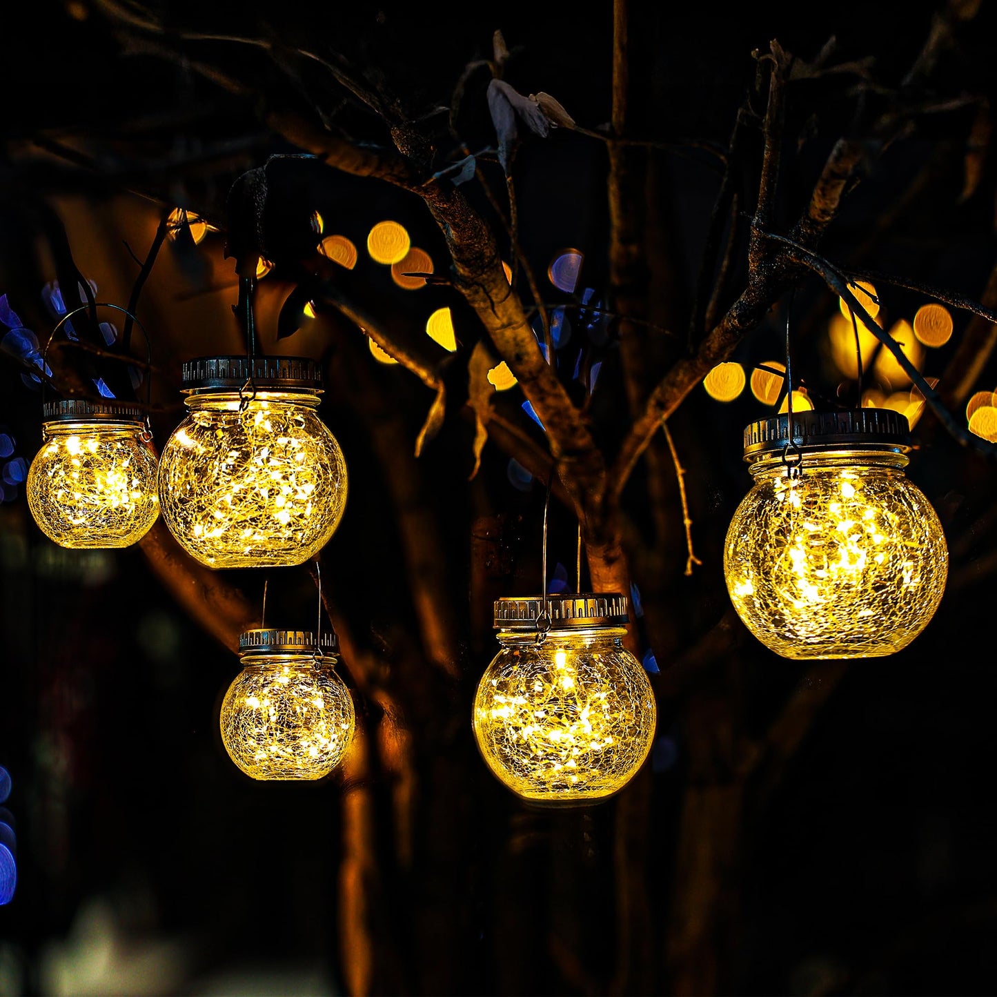 Cooo 2 Pack Crackle Glass Solar Lantern with 30 LED Firefly Lights- Waterproof Outdoor Hanging Lamp 215% Larger Solar Panel, Ant