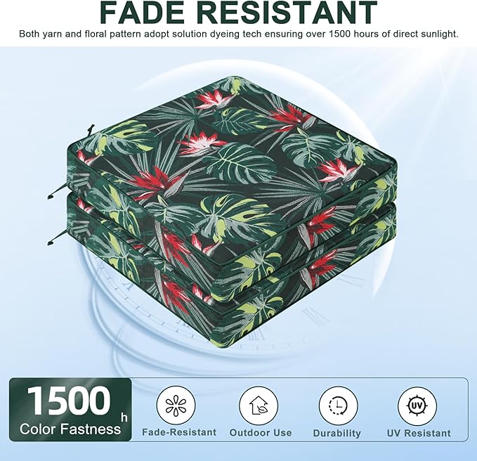 Favoyard Outdoor Chair Cushion 24 x 24 x 4 In Waterproof Pattern Fade Resistant Cushions for Patio Furniture with Removable Cover Attach Straps 28D Foam Insert Cushions Pads for Seat Sofa Couch 2 Pack