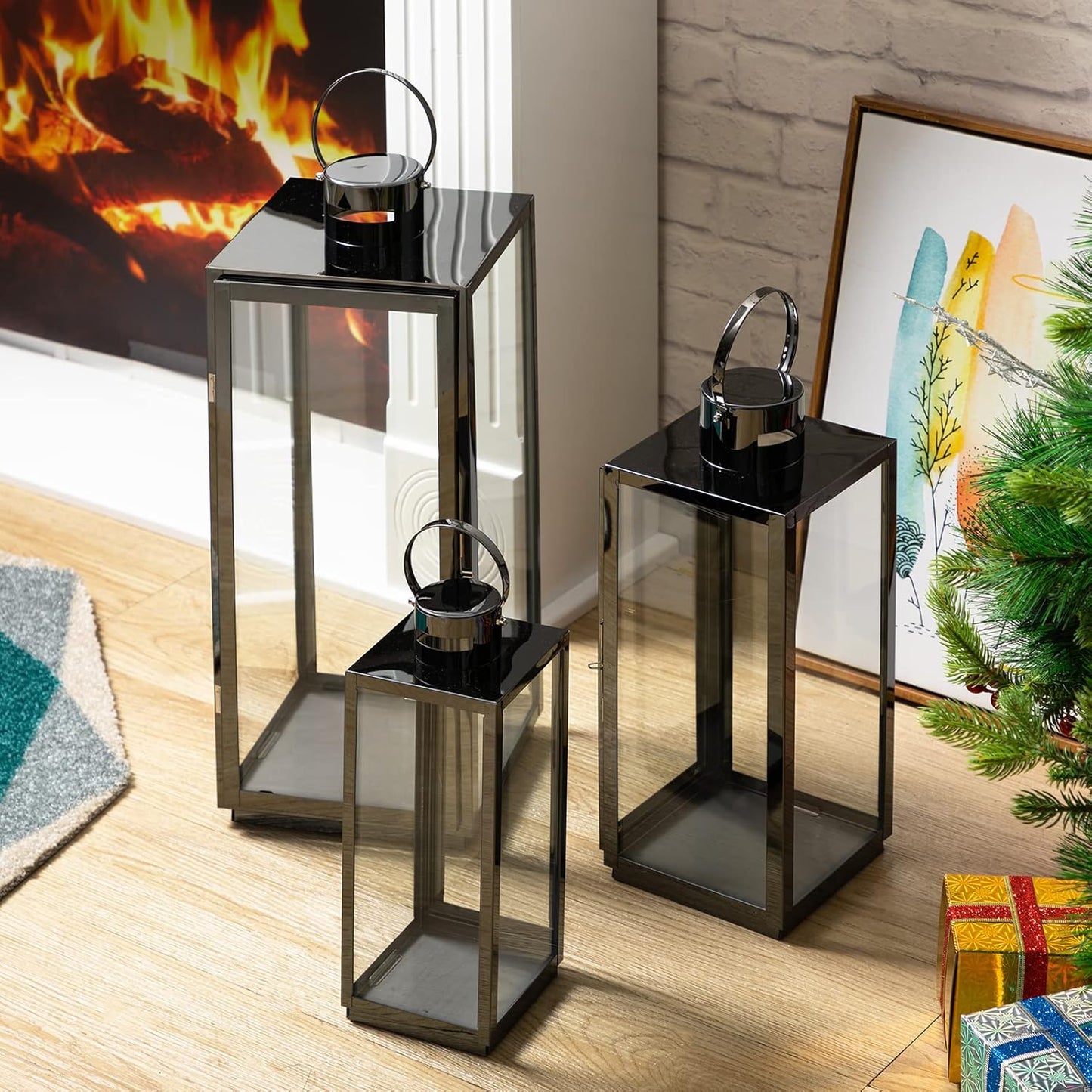 Matico Stainless Decorative Candle Lantern Set of 3, Hanging Decor Hurricane Lantern Candle Holder for Festival Ceremony Home Decor, Both Indoor & Outdoor Use, Black