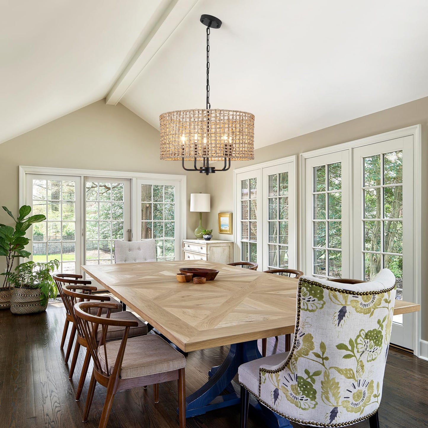 Mrhyswd 18.9 Hand-Woven Rattan Chandelier 5 Lights Farmhouse Boho Chandeliers For Dining Room Light Fixture Drum Wicker Hanging Pendant Lighting For Living Room Kitchen Island Foyer Hallway  E12