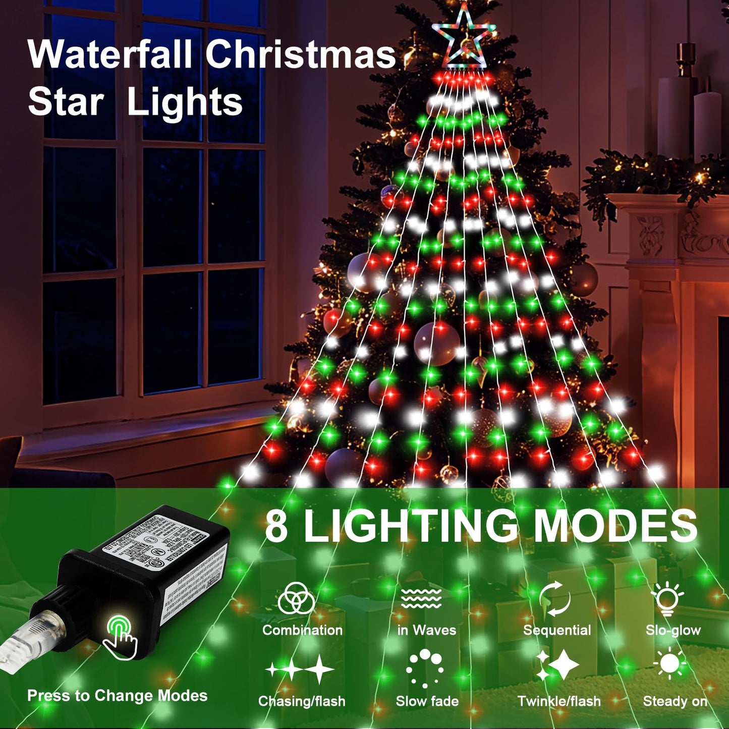 Cerflyer Outdoor Christmas Decorations String Lights  320 Led 11.5 Ft Waterfall Tree Lights With Star Topper 8 Lighting Modes Christmas Light For Indoor Outdoor Yard Home Festival Xmas New Year Decor