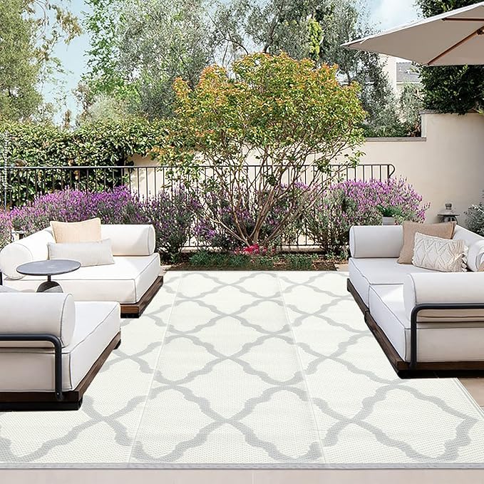 OutdoorLines Outdoor Plastic Area Rugs for Patio 4x6 ft - Reversible Outside Carpet, Stain & UV Resistant RV Mats, Straw Rug for Camping, Deck Garden, Porch and Balcony, Moroccan/Beige & Light Grey