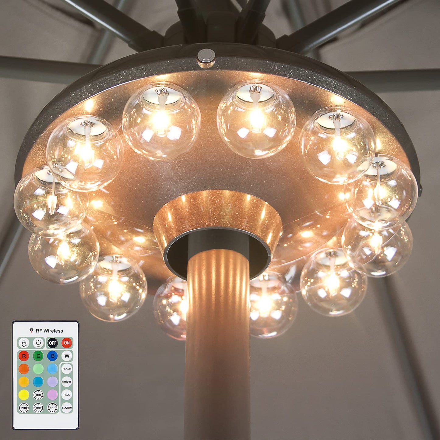 BIGMONAT Battery Operated Umbrella Light with RF Remote Control, 12 Colors, Dimmable, Model B61, Bronze-clear Bulb