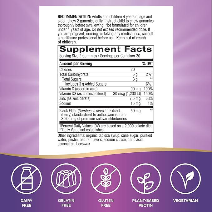 Nature's Way Sambucus Elderberry Immune Support Gummies for Kids & Adults* with Black Elderberry Extract, Vitamin C, Vitamin D3, and Zinc, 60 Gummies (Set of 3)