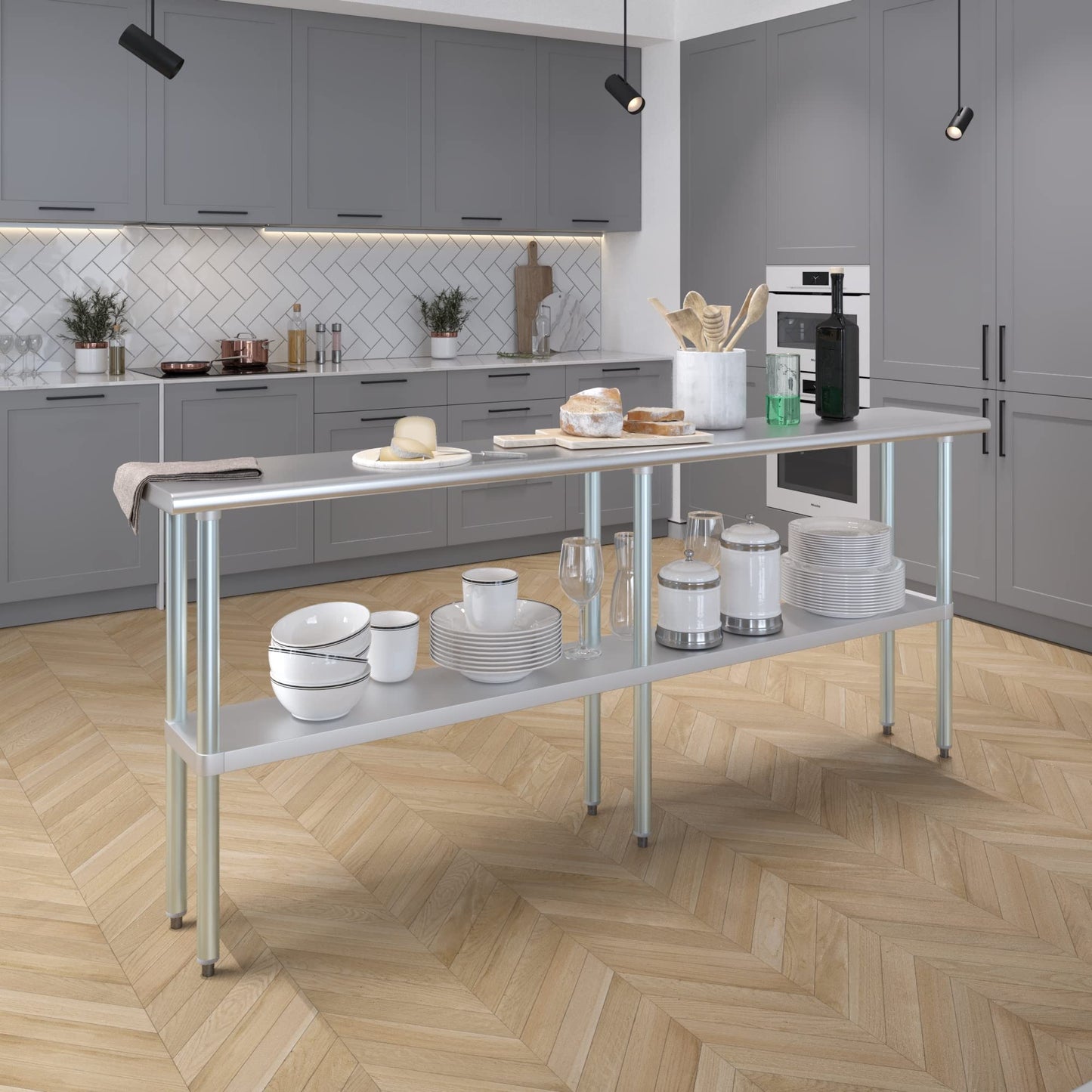 AmGood 14 in. x 84 in. Stainless Steel Work Table | Metal Kitchen Food Prep Table | NSF