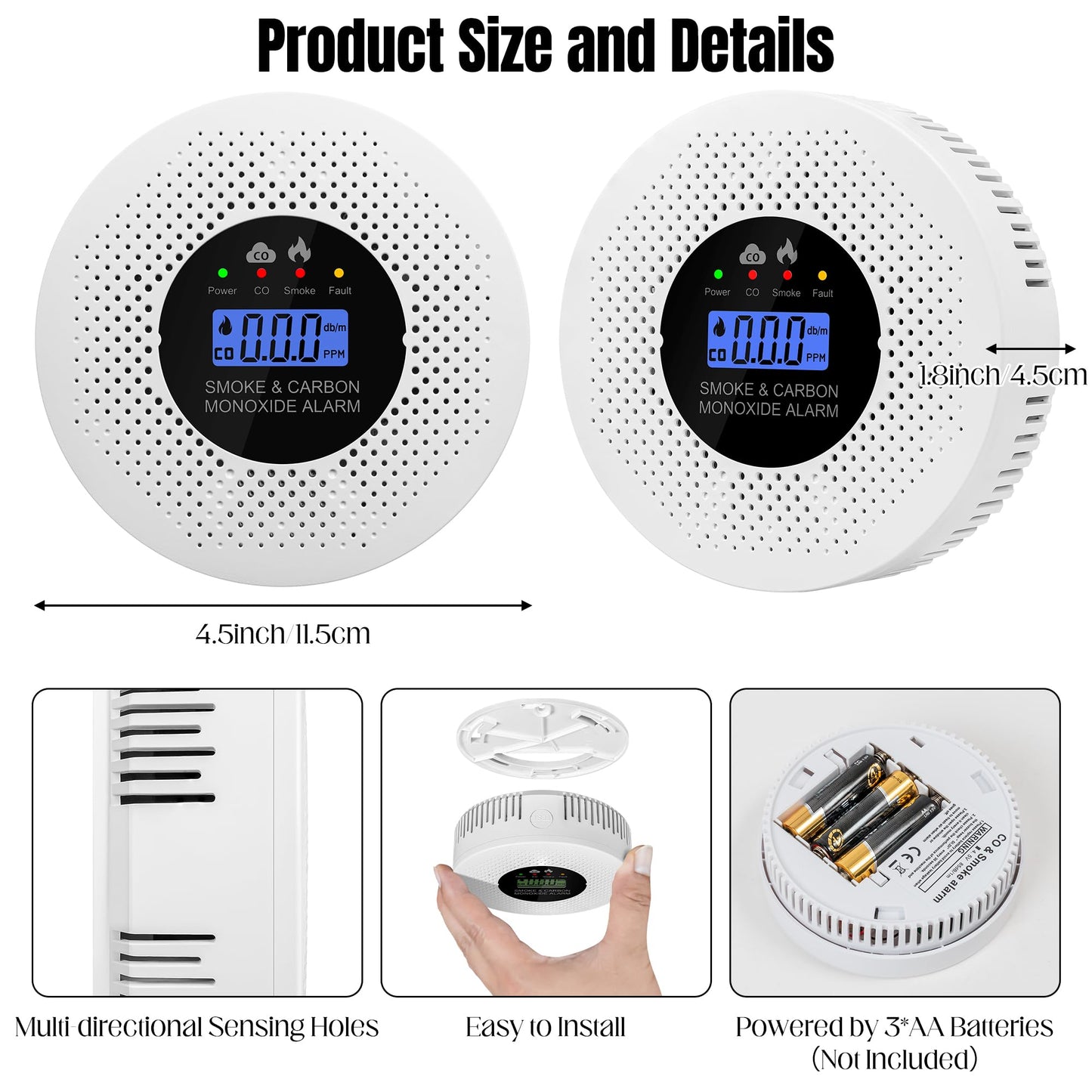 GQIRIL Smoke and Carbon Monoxide Detector - 2-in-1 Fire CO Smoke Alarm Detector Combo Battery Powered, Portable Dual Sensor Warning Light with Digital Display for Cars Kitchen Home Garage (No Battery)