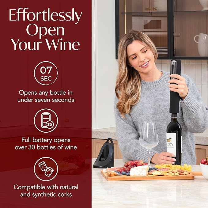 Rechargeable Electric Wine Bottle Opener - Charging Base and Foil Cutter Included with Automatic Wine Opener - Electric Corkscrew for Easy Cork Removal - Best Gift for Wine Lover (Black & Silver)