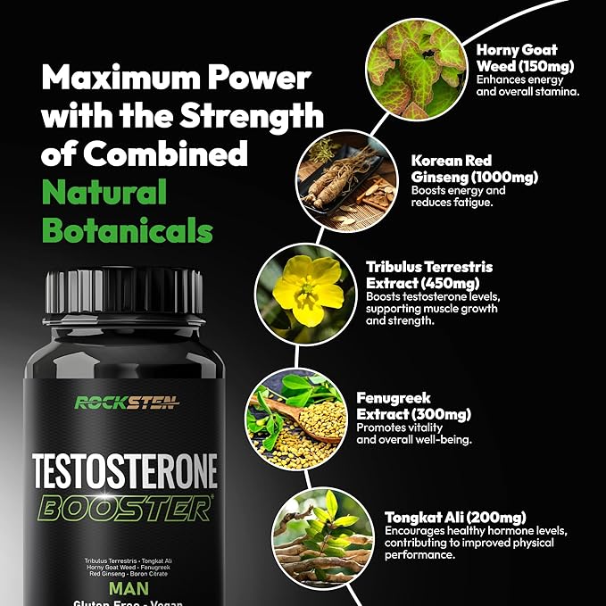 Testosterone Booster Men Supplement - Male Enhancing Support with Tribulus Terrestris Tongkat Ali Fenugreek Red Ginseng - Stamina Energy Test Boost Capsules for Muscle Growth Body Building Workout