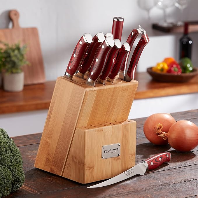 Ergo Chef CRIMSON Series Bamboo Block Knife Set Forged High Carbon X50CrMoV15 German Stainless-Steel, Full Tang, Durable G10 Handles (10pc. Block Set)