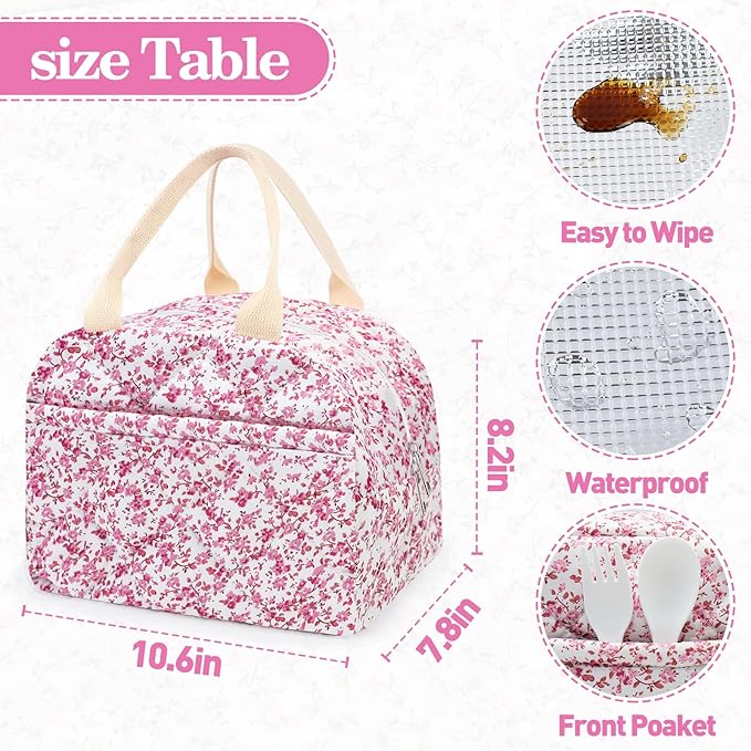 Cotton Quilted Insulated Lunch Bag, Cute Quilted Floral Lunch Tote Bags Reusable Insulated Lunch Box Coquette Aesthetic Large Capacity Insulated Cooler for Women Work Travel Picnic (Red)
