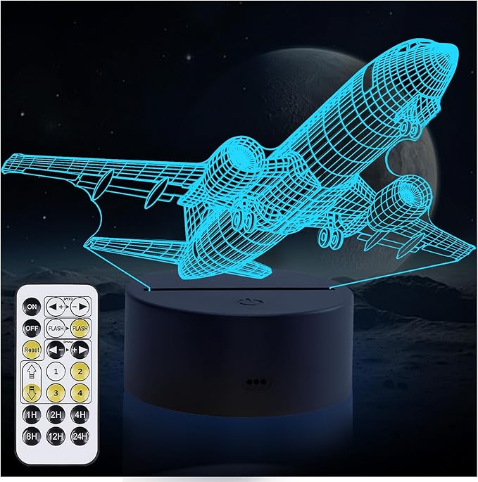 Airplane Night Light, 3D LED Illusion Night Lamp for Boys - Aircraft Themed Bedroom Lamps, Optical Illusion Lamp with Remote Control, Perfect for Kids' Room Décor, Cool Gifts for Airplane Lovers