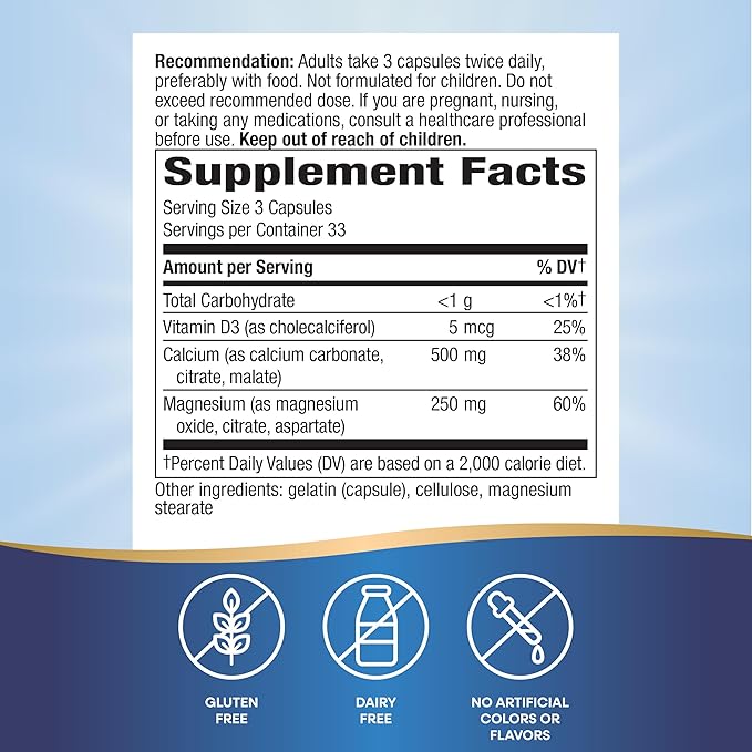 Nature's Way Calcium Magnesium & Zinc Mineral Complex, Supports Bone Health & Muscle Function*, Immune Support*, 765 mg per 3-Capsule Serving, Gluten Free, 100 Capsules (Packaging May Vary) - 2 Pack