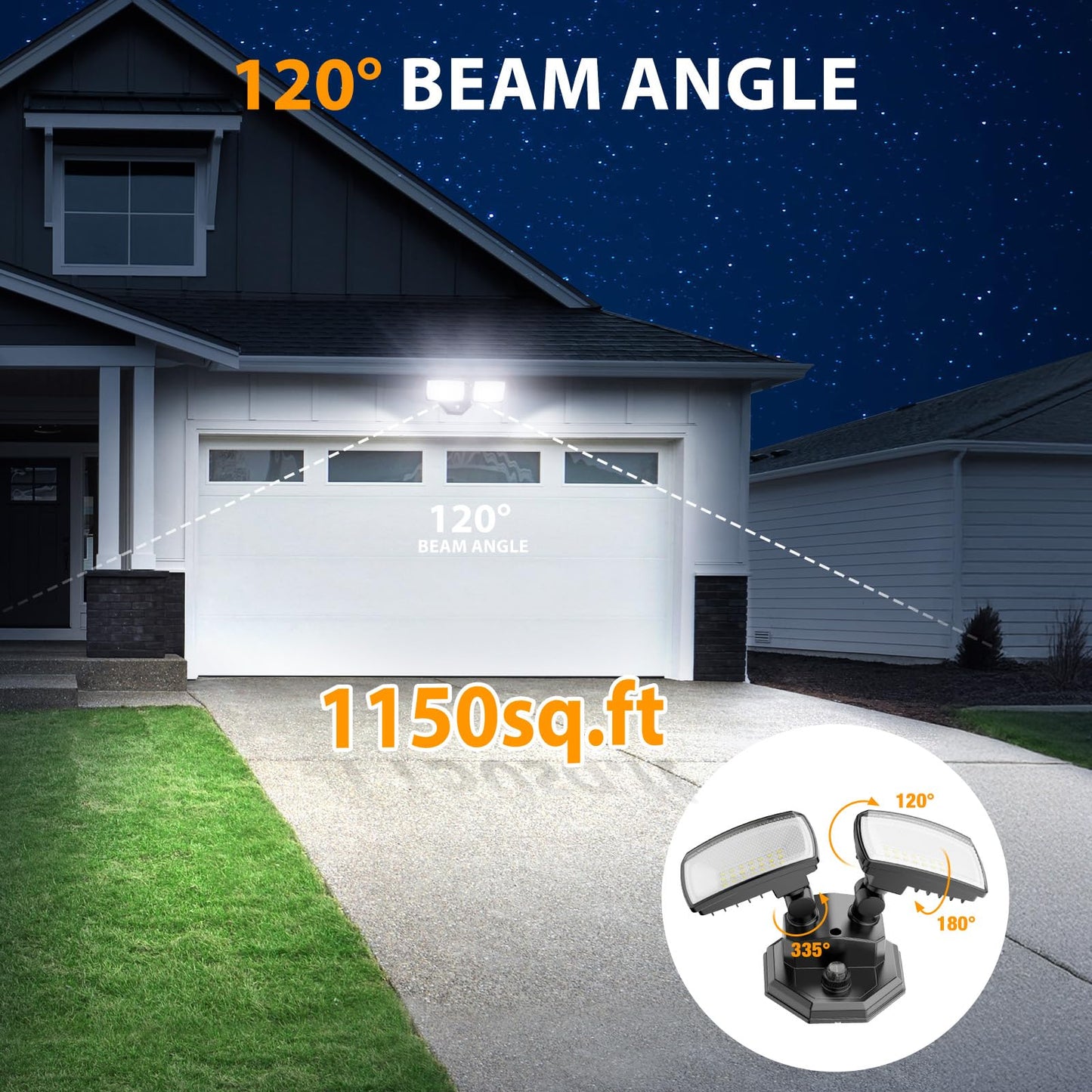 Onforu 32W 3200Lm Dusk To Dawn Outdoor Lighting 6500K Dual-Head Flood Light Outdoor With Photocell Ip66 Waterproof Security Lights Exterior Daylight Off And Night On Black Wall Light For Patio Garden