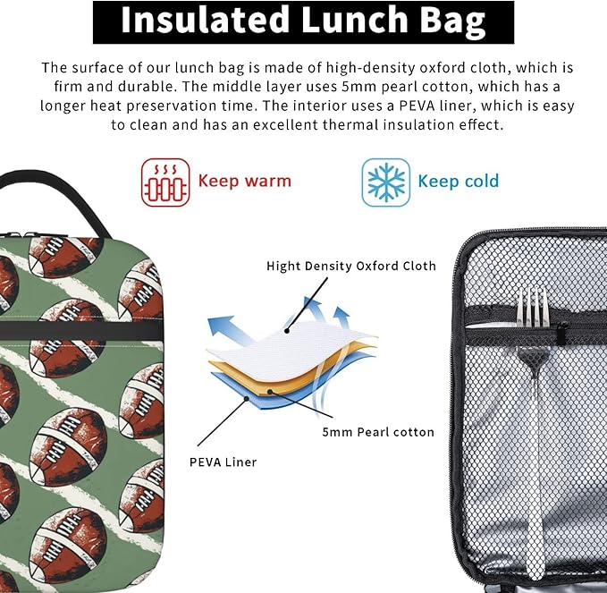 Football Lunch Box for Players,Adults,Men,Sport Ball and Green Background Insulated Lunchbox,Leakproof Tote Bag,Reusable Cooler Bags for Work,Picnic,Office,Travel,Athletic Lunchbag Gifts