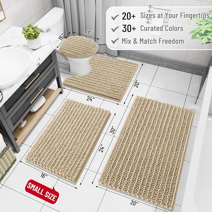 Arotive Luxury Chenille Bathroom Rug Mat, Extra Soft Thick Absorbent Shaggy Bath Rugs, Non-Slip Machine Wash Dry, Plush Bath Mats for Bathroom, Shower and Tub, 60x20, Beige