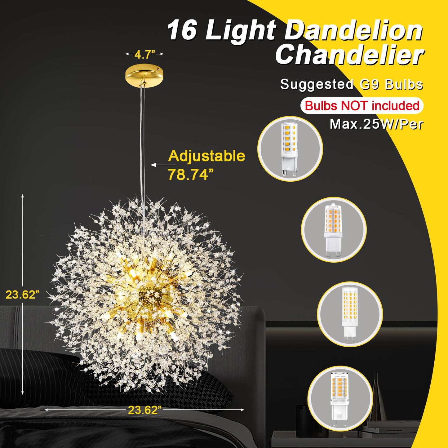 Qamra 16-Light Modern Crystal Gold Sputnik Chandelier, Firework Dandelion Pendant Light For Dining Room, Bedroom, Kitchen, Living Room