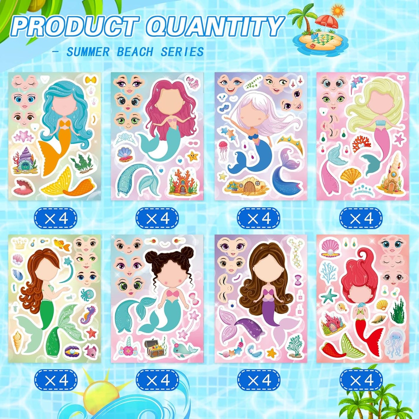 32 Sheets Mermaid Stickers for Kids, Make Your Own Sticker, Mermaid Make a Face Stickers for Kids Party Favors, Classroom Teacher Rewards, Art Craft Supplies