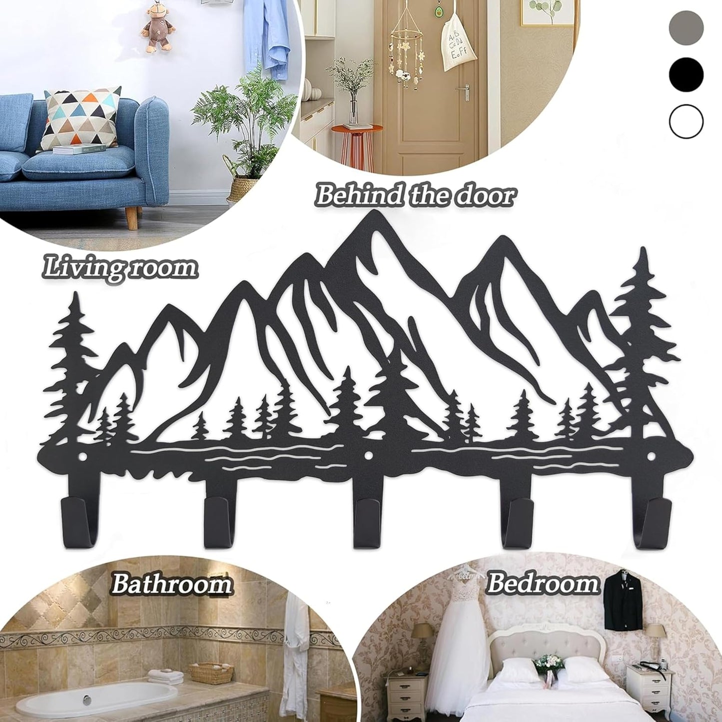 Metal Mountain Coat Hooks Wall Art Decor-Mountain Hangers and Key Holder-Clothes Hat Rack and Backpack Hanger Decor for Storage, Living Room, Hallway, Office (Black)