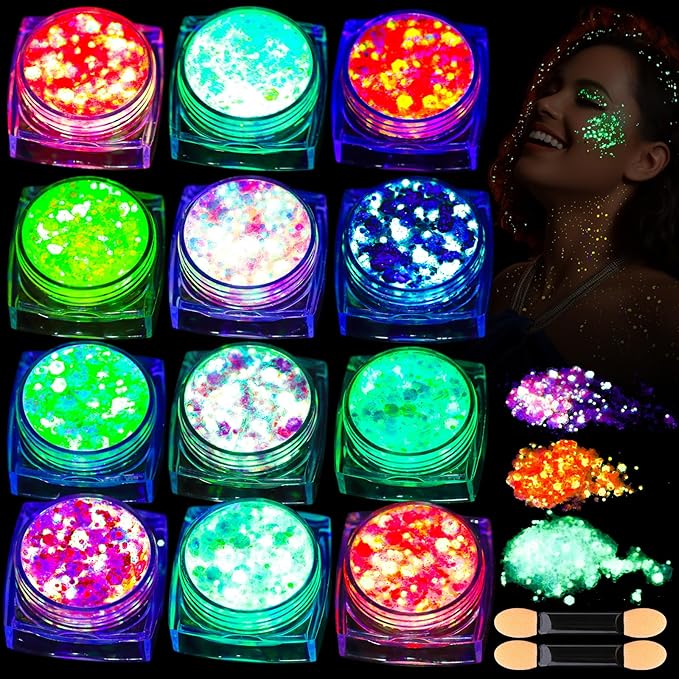 Teenitor 12 Colors Glow in The Dark Glitter Gel, Face Glitter Body Glitter Gel Hair Glitter for UV Black Light Carnival Ma...