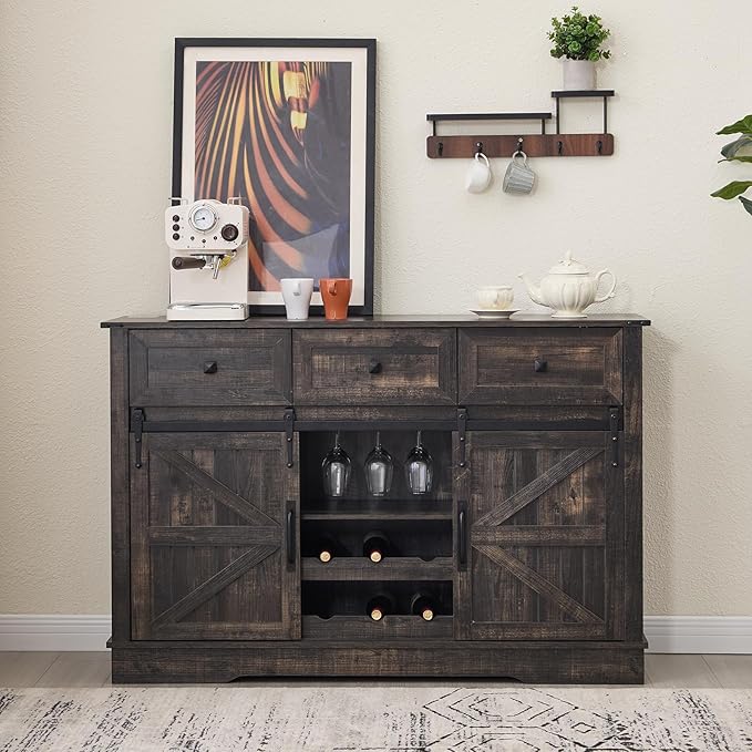 Kmax Farmhouse Wine Bar Cabinet w, 54” Buffet Cabinet with Storage, Rustic White Coffee Bar Cabinet with Sliding Barn Doors, Wine/Glass Rack for Living, Dining Room, Black