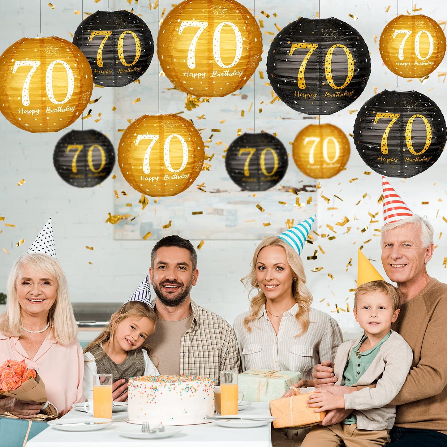 Blulu 6 Pieces Birthday Party Decorations - Hanging Paper Lanterns, Black Gold Glittery, 70th Style, Anniversary Sign