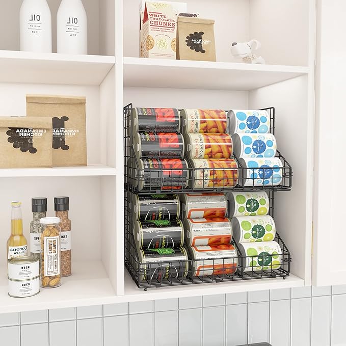 2 Pack Stackable Can Rack Organizer for Pantry Storage,Can Dispensers with 4 Adjustable Dividers, 2-Tier Metal Wire Basket Beverage Pop Soda Rack for Kitchen Cabinet Pantry, Black