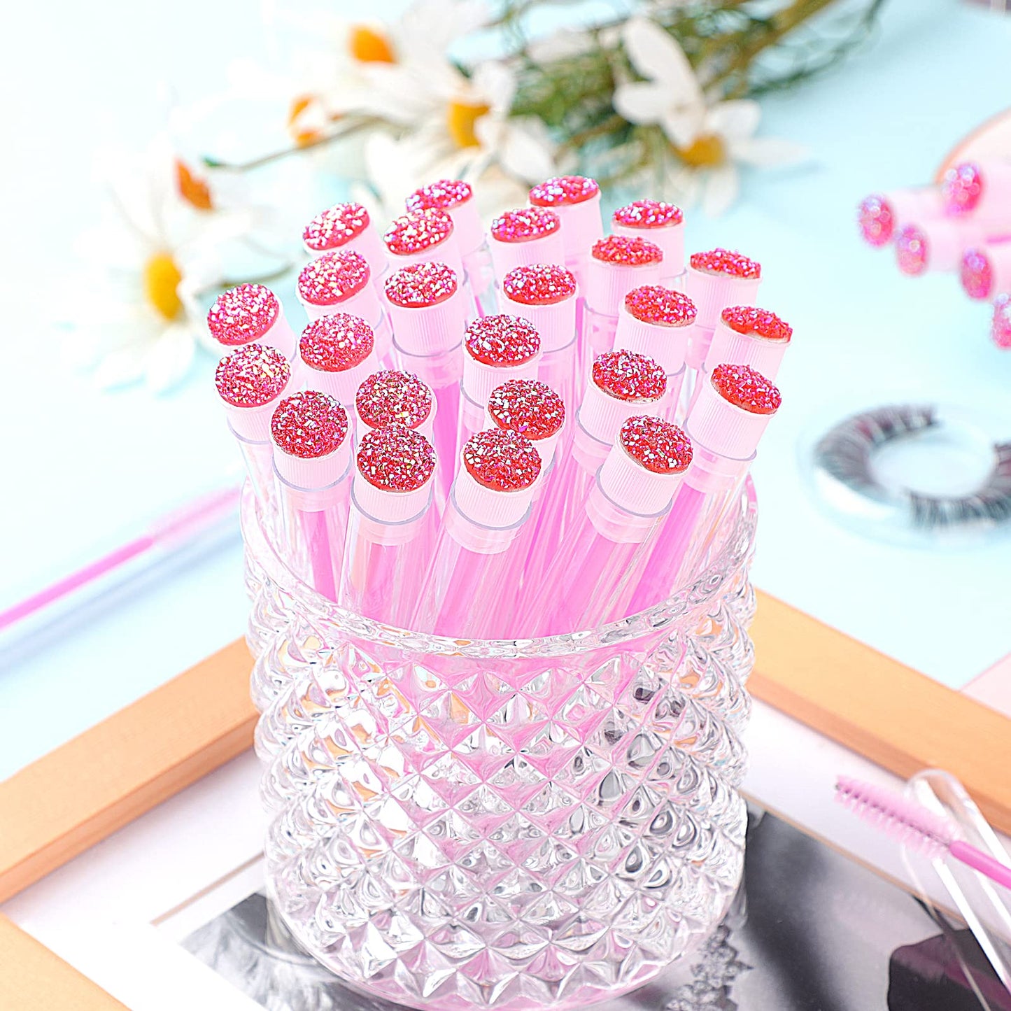 Dming 50-Piece Disposable Mascara Brushes - Eyelash Brushes, Diamond Mascara Wands with Tube, Makeup Tool, Lash Spoolies, Sanita