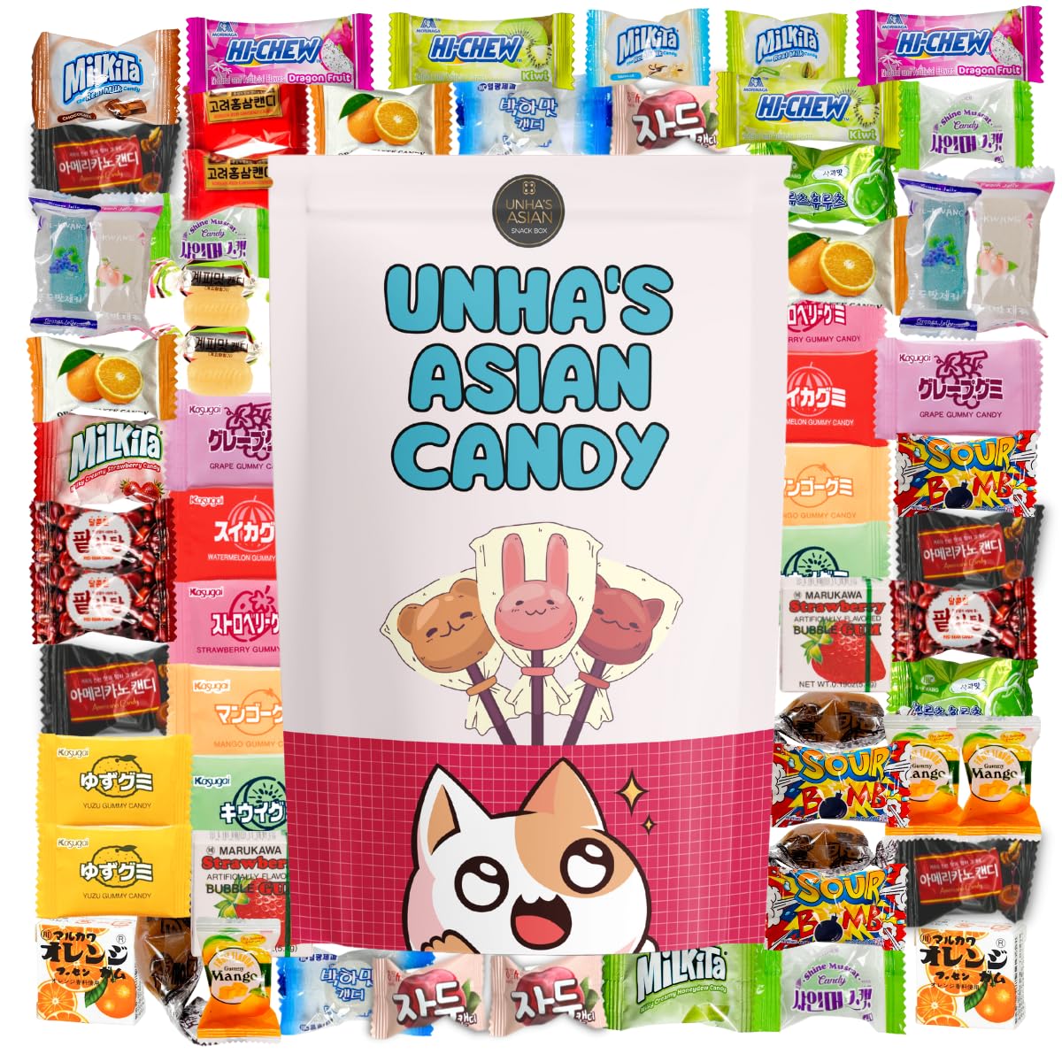 Asian candy mystery gift box, 60 count variety pack of Japanese and Korean treats, sweet sampler of chewy, fruity, and chocolate