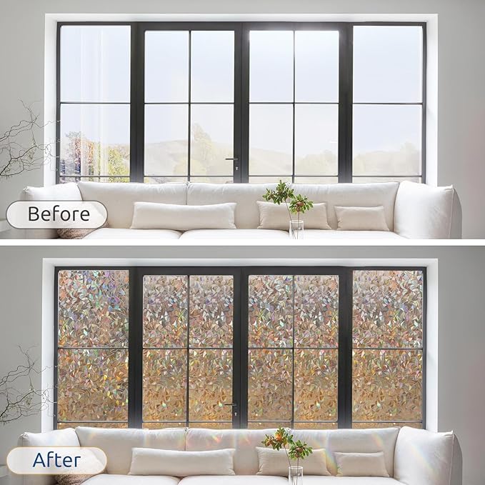 rabbitgoo Window Privacy Film Rainbow Film Decorative Window Sticker, 3D Static Stained Glass Cling Tint for Home Heat Control Non-Adhesive, Brown, 35.4 x 157.4 inches