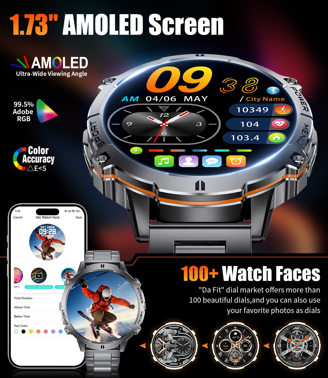 LIGE Smart Watches for Men with 900mAh Battery(60+Standby),1.73" AMOLED with Bluetooth Call,110+ Sports Mode Tactical Fitness Tracker/Heart Rate Sleep Health Monitor/Android iOS Military Smart Watch