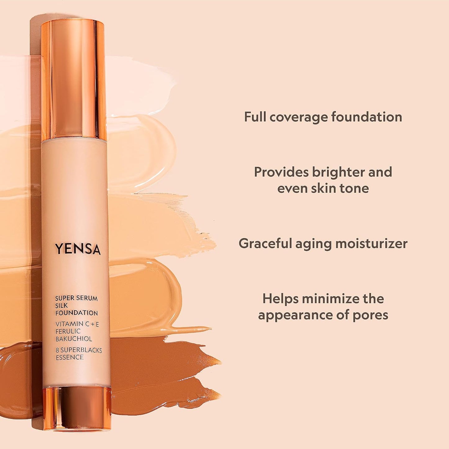 YENSA Super Silk Foundation - Full Coverage, Age-defying complex of Vitamin C, E, Ferulic, and Bakuchiol Oil (Light 1) 1.0 fl oz