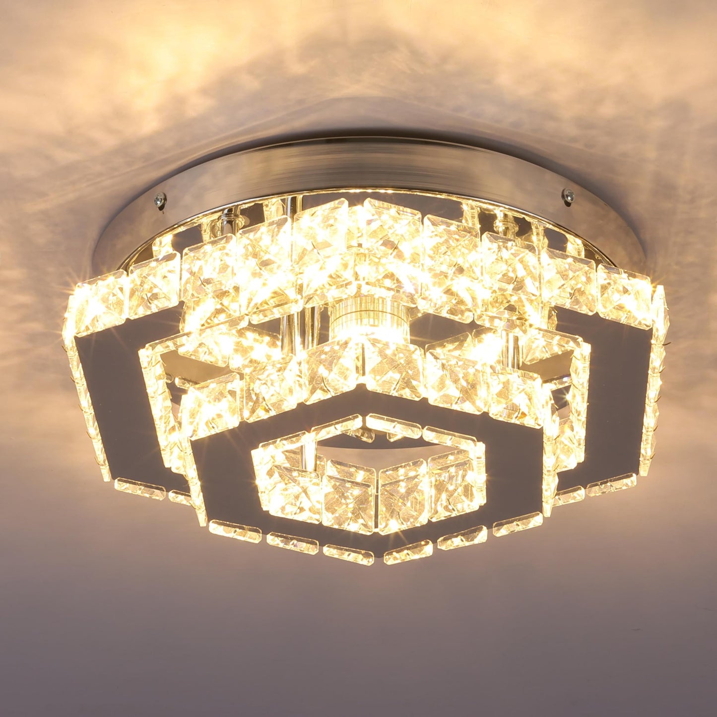 CXGLEAMING Chandelier LED Pendant Light Dimmable Remote Control K9 Crystals Stainless Steel Hexagonal-Dimmable for Dining Room Living Room