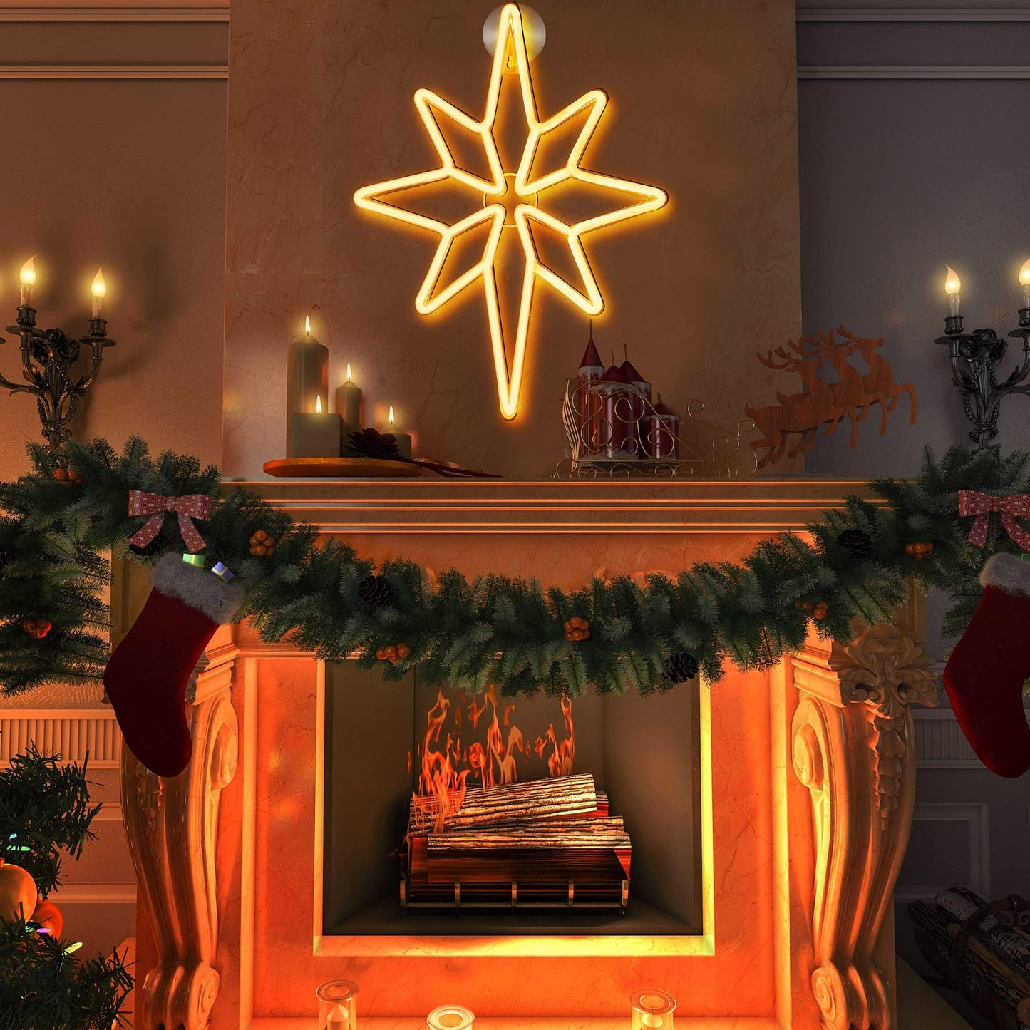 Enhon 1 Pack 16 Inch Bethlehem Star Window  Christmas Star  Nativity Lighted Outdoor  Usb Powered Or Battery Operated Bethlehem Christmas Neon Light For Window Bedroom Indoor Decor (Warm White)