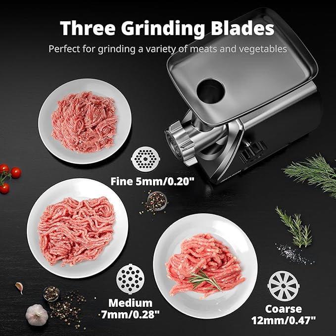 AIRMSEN Electric Meat Grinder & Mincer – Heavy Duty Professional Stainless Steel Sausage Maker & Stuffer with 3 Plates, 2 Stainless Blades & Kubbe Kit – Fast, Quiet, Easy to Clean for Home Kitchen Use