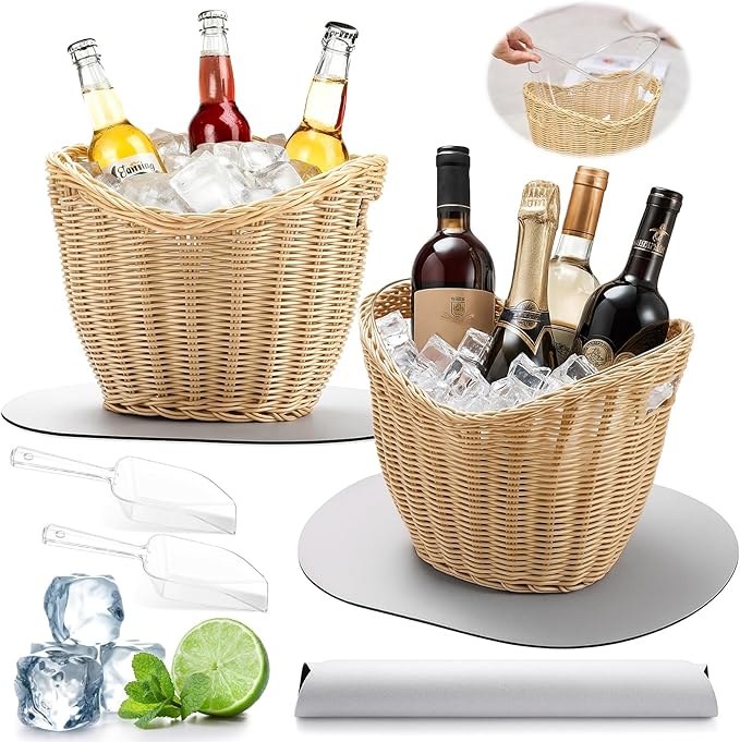 LemonRoad 2 Pcs Ice Bucket Woven Design with Scoops Diatomaceous Earth Pad 4l Champagne Wine Bucket Drink Bins for Parties...