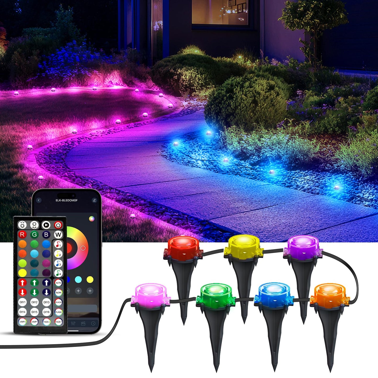IVRICH Outdoor Ground Lights, 200ft RGB Color Changing, Remote & App Control, IP68 Waterproof, Black, Model 5050