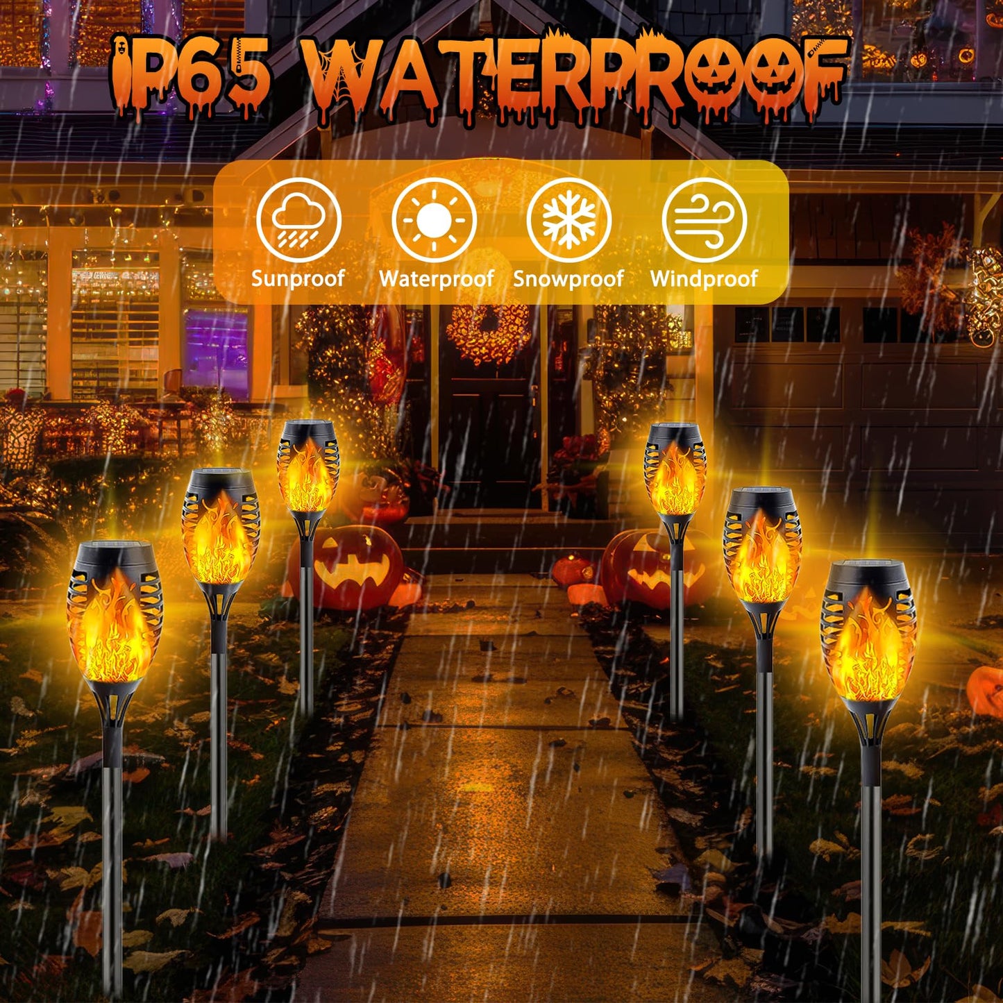 SANJICHA Solar Lights Outdoor, 10 Pack Mini Flickering Flame, Waterproof Plastic, Orange for Halloween Decor, Garden Pathway, Patio