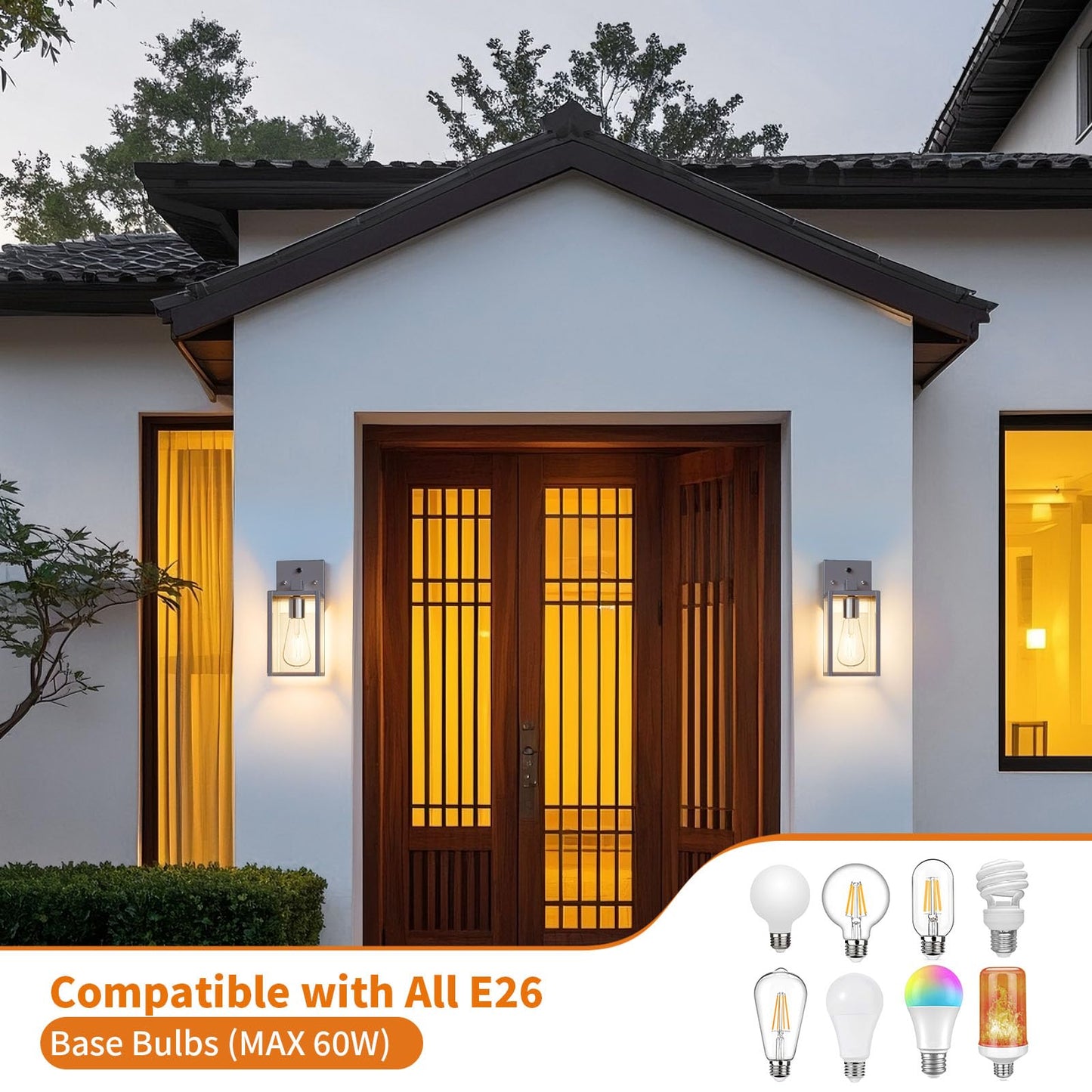 2 Pack Silver Dusk To Dawn Exterior Lighting Fixtures Wall Mount  Sensor Outside Front Porch Lights For House  Outdoor Lantern Lamp  Waterproof Wall Sconce Lights  Coach Light For Garage Entryway