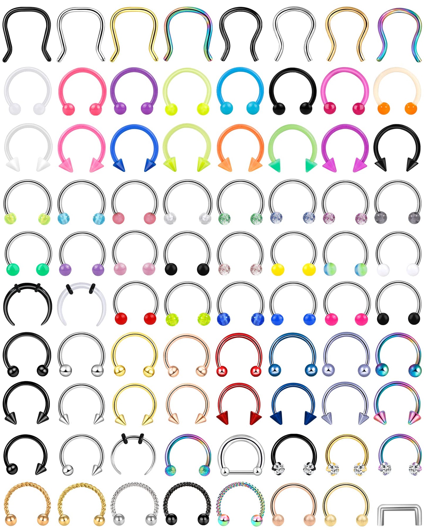 ONESING 80 Pcs, 16g, Septum Rings for Women Septum Piercing Horseshoe Nose Hoop Lip Tragus Cartilage Earrings Hypoallergenic Sta