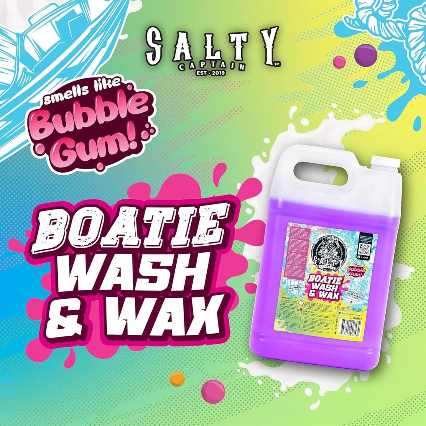 Salty Captain Boatie Wash N Wax - (Bubble Gum Scent) Foaming Car & Boat Wash and Wax Concentrate, Cleans Away Salt, Marine Residue, Dirt | pH Balanced