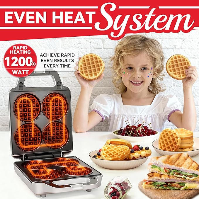 2 in 1 Mini Waffle Maker with Removable Plates, Panini Press Sandwich Maker, Sandwich Press, Waflera Electrica, Sandwichera Electrica, 4 X 4 Inch Classic Waffle Maker for Kids, White