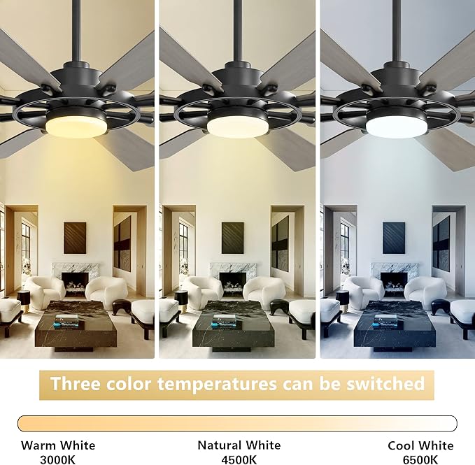 72" Ceiling Fan with Lights and Remote Control, Wood 8 Blades 6-Speed Noiseless Reversible DC Motor, 3 Downrods, Modern Ceiling fan for Office Porch Bedroom Dining Living Room, Black+Wood