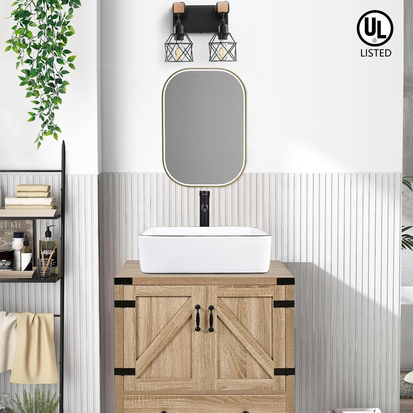 Farmhouse Vanity Light Fixture 2-Light Bathroom Lighting Black Industrial Wood Wall Light Over Mirror With Metal Shade
