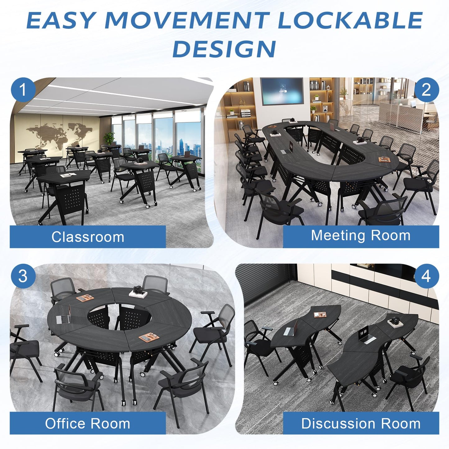 JFazzruit Folding Conference Table,Fan-Shaped Conference Room Tables with Wheels, Mobile Modular Seminar Meeting Desk for Classrooms,Office & Seminar (4, Fan-Black)