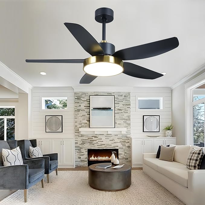 Modern Ceiling Fan with Light and Remote Control,46''Ceiling Fan with 3 Color Lights,Memory Function,5 Blades,6 Speeds,Outdoor Fan and Light for Living Room,Bedroom,Kitchen,Black Gold