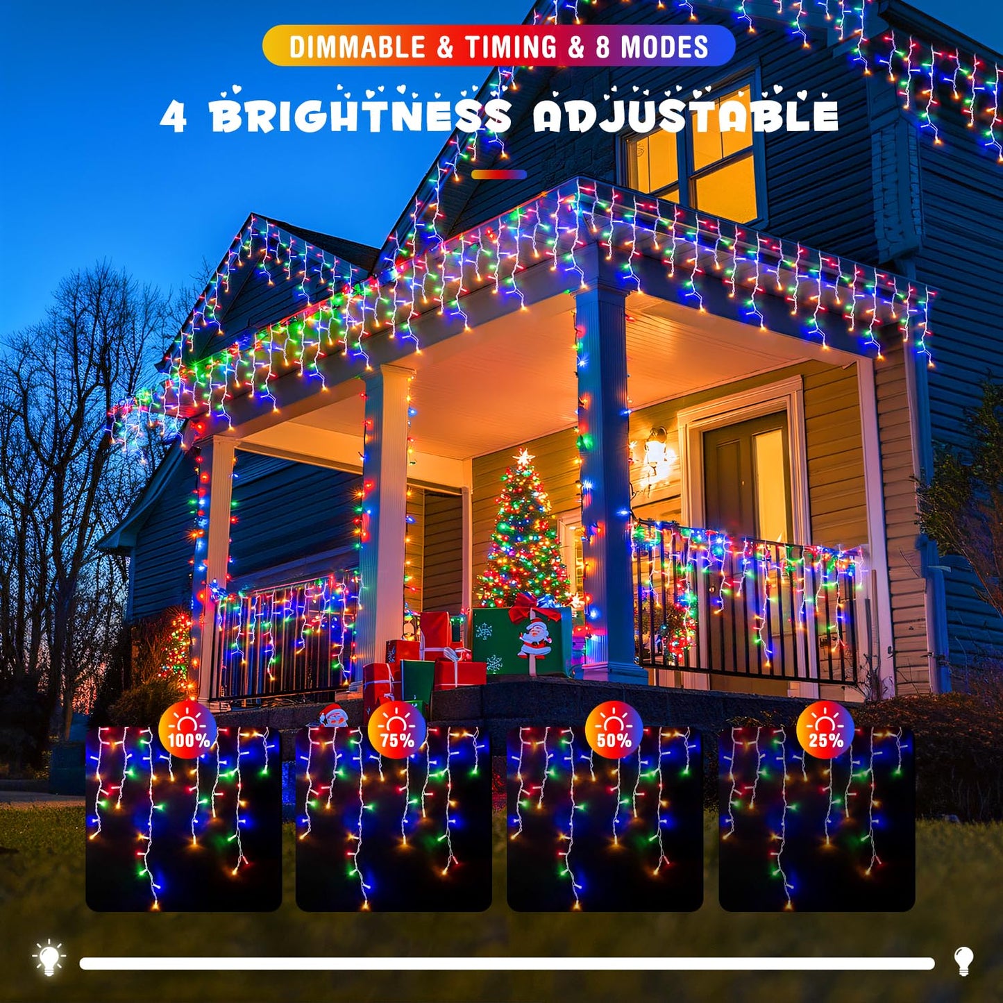 JMEXSUSS 800 LED Christmas Icicle Lights, Multicolor, Waterproof, 8 Modes, Model EXS-I-0800