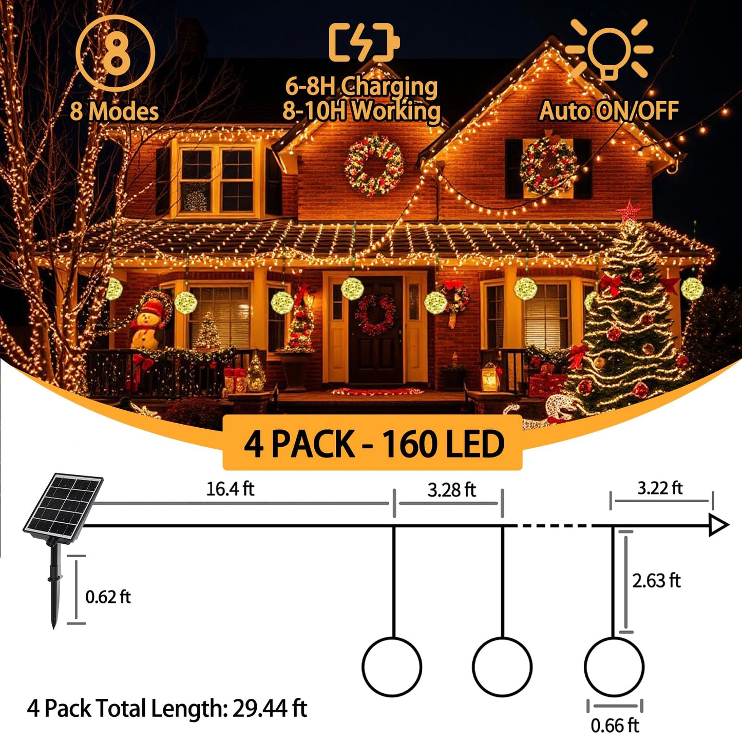 Solar Christmas Ball Lights For Tree Outdoor  4 Pack 160 Led Globe Lights Waterproof  8 Modes 7.87In Solar Sphere String Lights Outside For Window Garden Yard Porch Party Decorations  Warm White