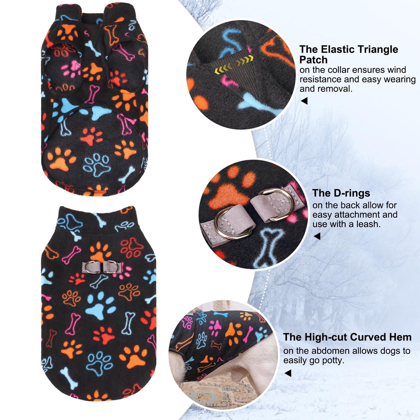 BEAUTYZOO Small Dog Sweater Fleece Vest Winter Jacket, D-Ring Leash Attachment for XS S Puppy Medium Sized Breeds Dogs, Cold Weather Dog Clothes Windproof Keep Warm, Black Bones Paw M